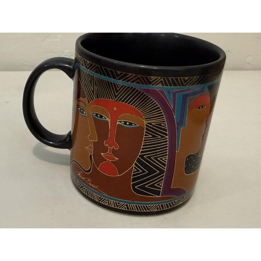 Laurel Burch Ancient Ancestors Mug 1988 Japan‎ Art Faces Black Coffee Cup